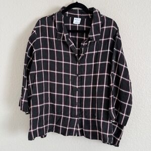 Womens 3X Black Plaid Linen Shirt Button Geometric Lagenlook Beach Boxy Artsy‎